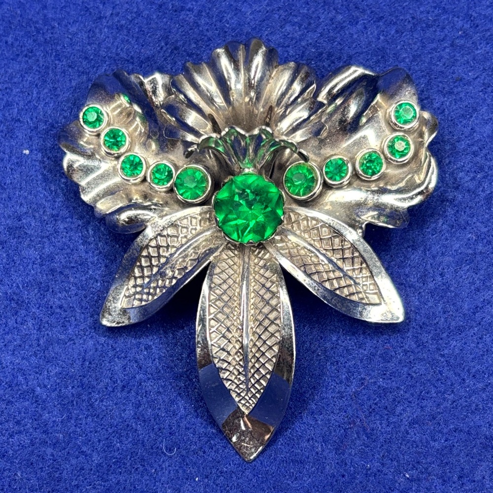 Bond Boyd Brooch Sterling Silver Green Rhinestones